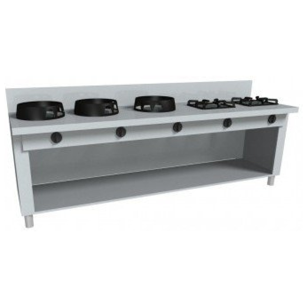 Čínský sporák plynový, otevřená podestavba, 3 hořáky WOK, 2 hořáky EUR