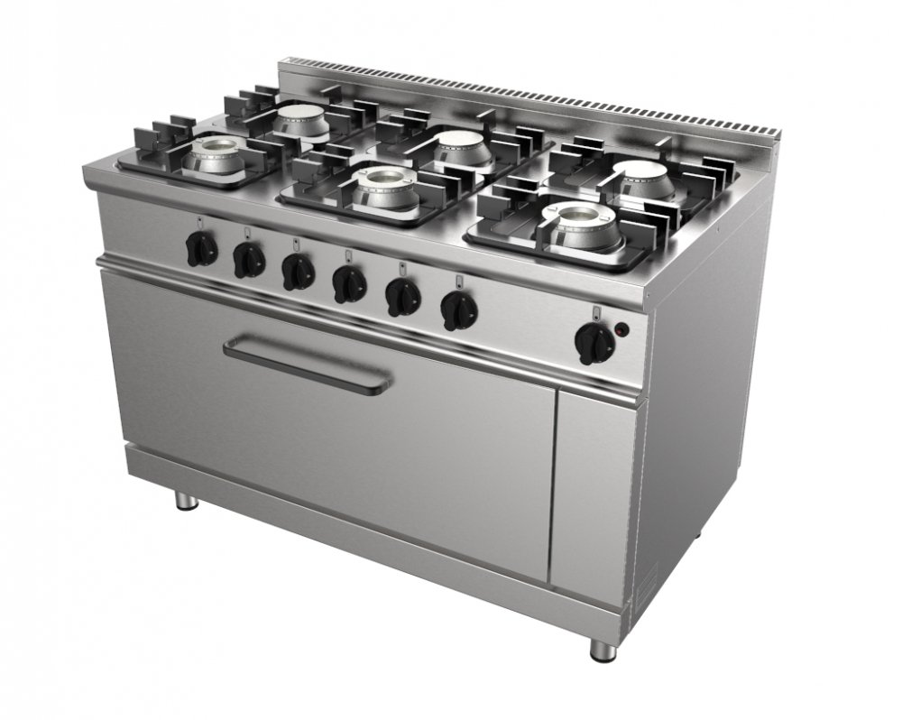 Sporák plynový, 6 hořáků - 6x7,5kW, šířka 1200mm, modul s plynovou troubou 12,0kW pro GN MAXI
