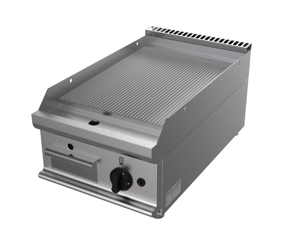 Grilovací deska plynová, 6,0kW, rýhovaná pracovní plocha – nerezová, šířka 400mm, horní modul