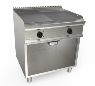 Grilovací deska elektrická, 10,8kW 400V, kombinovaná pracovní plocha – chromová, šířka 800mm, skříňový modul otevřený