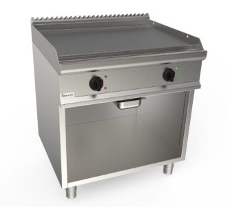 Grilovací deska elektrická, 10,8kW 400V, rýhovaná pracovní plocha – chromová, šířka 800mm, skříňový modul otevřený