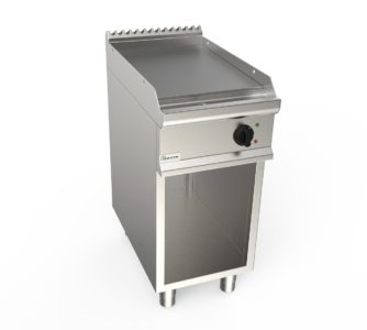 Grilovací deska elektrická, 5,4kW 400V, hladká pracovní plocha – ocelová, šířka 400mm, skříňový modul otevřený