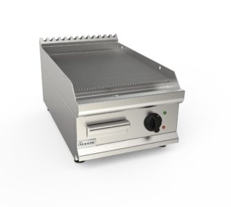 Grilovací deska elektrická, 5,4kW 400V, rýhovaná pracovní plocha – chromová, šířka 400mm, horní modul