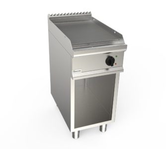 Grilovací deska elektrická, 5,4kW 400V, rýhovaná pracovní plocha – ocelová, šířka 400mm, skříňový modul otevřený