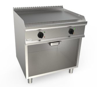 Grilovací deska elektriká, 10,8kW 400V, hladká pracovní plocha – chromová, šířka 800mm, skříňový modul otevřený