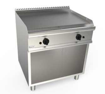 Grilovací deska plynová, 12,0kW, hladká pracovní plocha – nerezová, šířka 800mm, skříňový modul otevřený