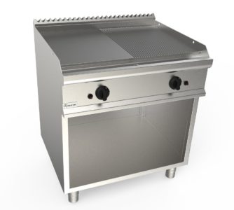 Grilovací deska plynová, 12,0kW, kombinovaná pracovní plocha – ocelová, šířka 700mm, skříňový modul otevřený