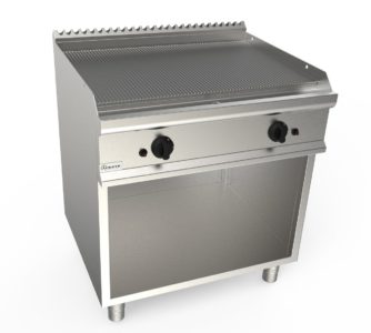 Grilovací deska plynová, 12,0kW, rýhovaná pracovní plocha – ocelová, šířka 800mm, skříňový modul otevřený