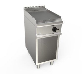 Grilovací deska plynová, 6,0kW, rýhovaná pracovní plocha – nerezová, šířka 400mm, skříňový modul otevřený