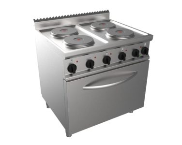 Sporák elektrický, 4 plotýnky – 4×2,6kW 800V, šířka 800mm, modul s elektrickou troubou 7,9 kW pro GN 2/1