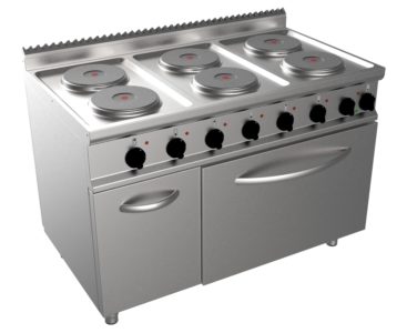 Sporák elektrický, 6 plotýnek – 6×2,6kW 800V, šířka 1200mm, modul s elektrickou troubou 7,9 kW pro GN 2/1