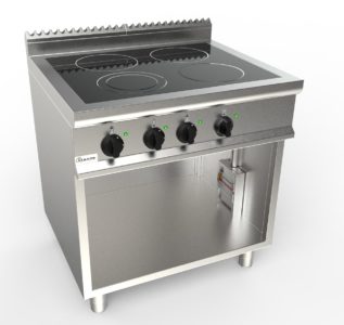 Sporák sklokeramický, 4 plotýnky – 4×2,5kW, šířka 800mm, modul s elektrickou troubou 7,9 kW pro GN 2/1