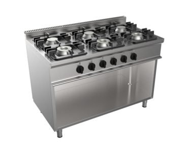 Sporák plynový, 6 hořáků – 3×4,5kW + 3×7,5kW, šířka 1200mm, skříňový modul otevřený