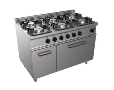 Sporák plynový, 6 hořáků – 3×4,5kW + 3×7,5kW, šířka 1050mm, modul s plynovou troubou 7,9 kW