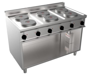Sporák elektrický, 6 plotýnek – 6×2,6kW 400V, šířka 1200mm, skříňový modul otevřený