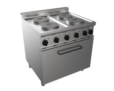 Sporák elektrický, 4 plotýnky – 4×2,6kW 400V, šířka 800mm, modul s elektrickou troubou 5,48kW 400V pro GN 2/1