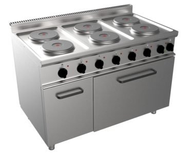 Sporák elektrický, 6 plotýnek – 6×2,6kW 400V, šířka 1200mm, modul s elektrickou troubou 5,48kW 400V pro GN 2/1