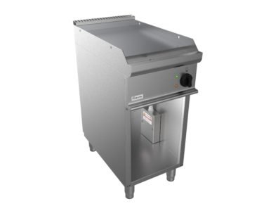 Grilovací deska elektrická, 5,4kW 400V, hladká pracovní plocha – nerezová, šířka 400mm, skříňový modul otevřený