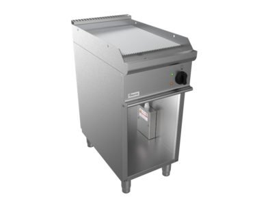 Grilovací deska elektrická, 5,4kW 400V, rýhovaná pracovní plocha – ocelová, šířka 400mm, skříňový modul otevřený