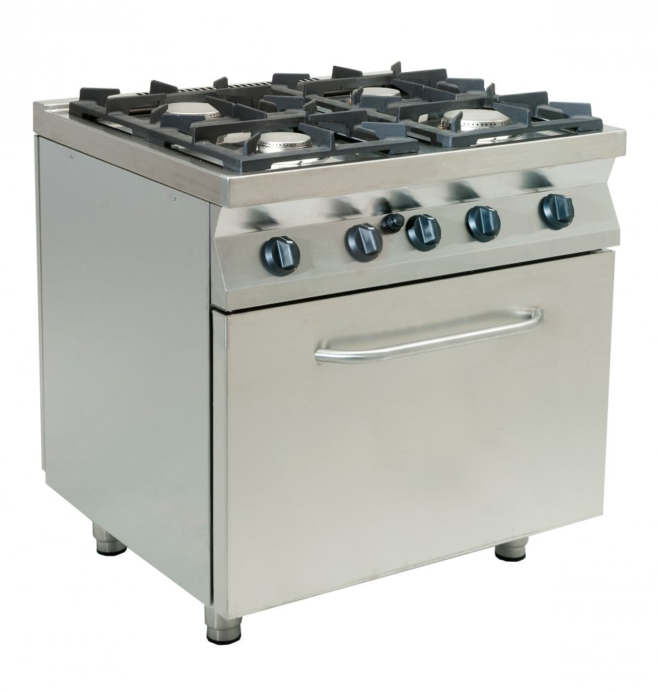 Sporák plynový, 4 hořáky – 2×3,2kW + 2×4,5kW, šířka 800mm, litinové mřížky, modul s elektrickou troubou 5,48kW 400V pro GN 2/1