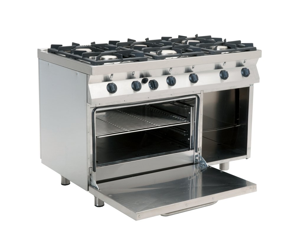 Sporák plynový, 6 hořáků – 3×3,2kW + 3×4,5kW, litinové mřížky, šířka 1200mm, modul s plynovou troubou 7,9kW pro GN 2/1
