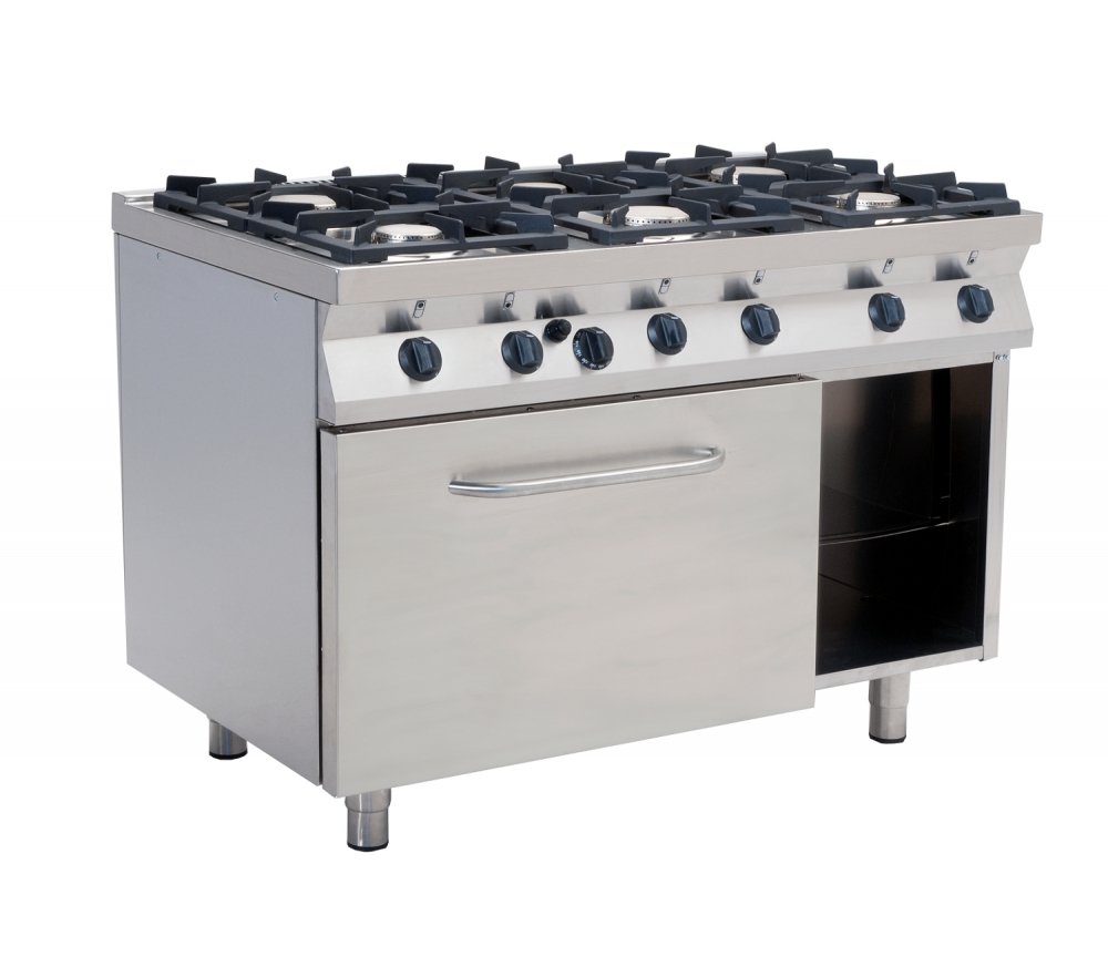 Sporák plynový, 6 hořáků – 3×3,2kW + 3×4,5kW, litinové mřížky, šířka 1200mm, modul s elektrickou troubou 5,48kW 400V pro GN 2/1