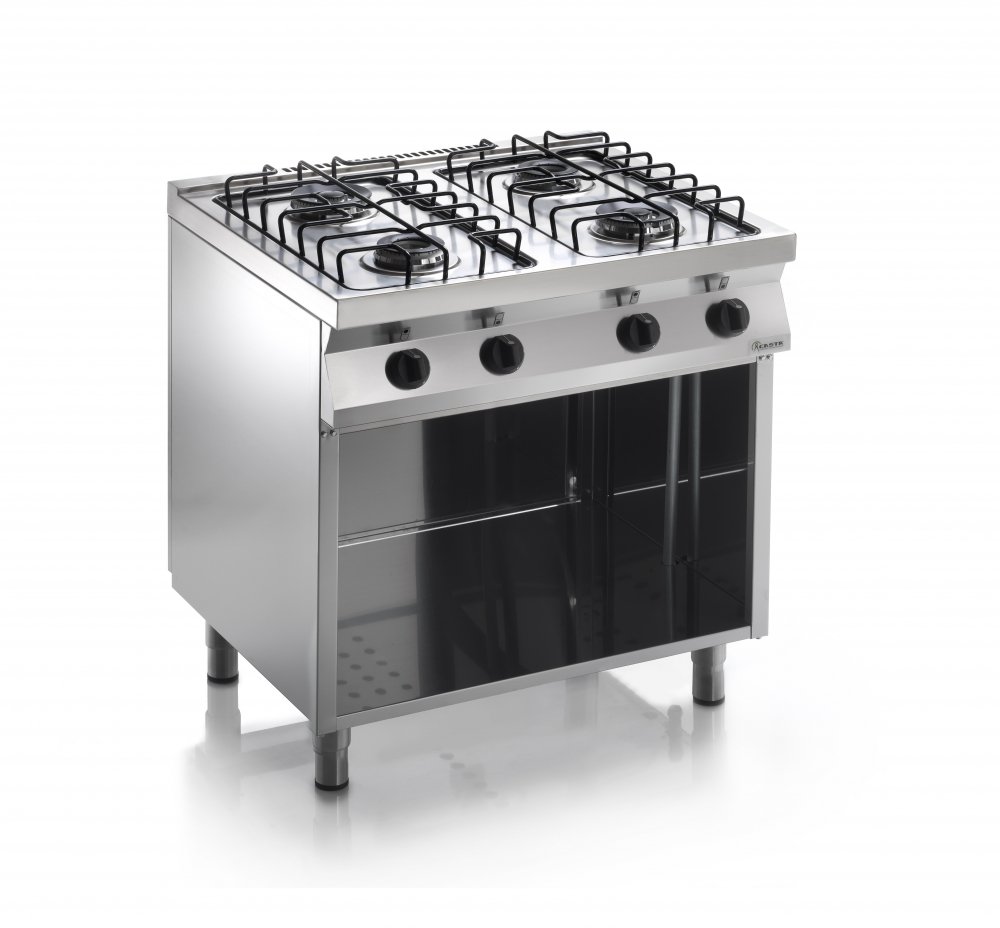 Sporák plynový, 4 hořáky – 2×3,2kW + 2×4,5kW, drátěné mřížky, šířka 800mm, skříňový modul otevřený