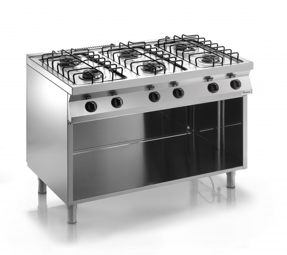 Sporák plynový, 6 hořáků – 3×3,2kW + 3×4,5kW, drátěné mřížky, šířka 1200mm, skříňový modul otevřený