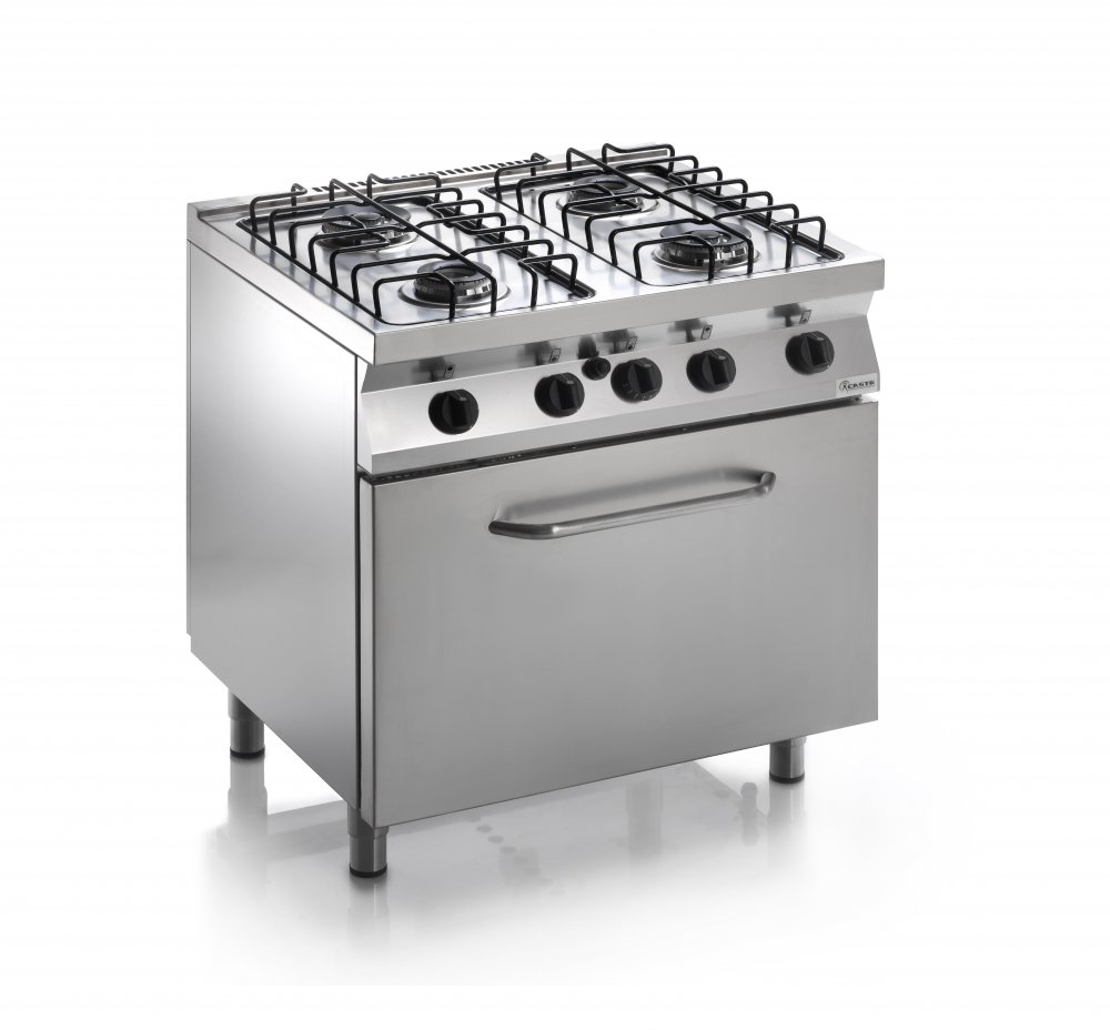 Sporák plynový, 4 hořáky – 2×3,2kW + 2×4,5kW, šířka 800mm, litinové mřížky, modul s plynovou troubou 7,9kW pro GN 2/1