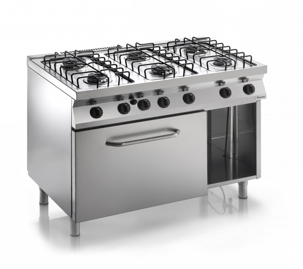 Sporák plynový, 6 hořáků – 3×3,2kW + 3×4,5kW, drátěné mřížky, šířka 1200mm, modul s plynovou troubou 7,9kW pro GN 2/1