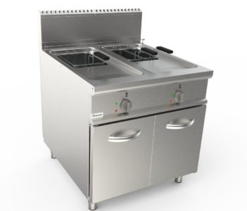 Fritéza plynová, nepřímý ohřev, 17l+17l, 32,0kW, šířka 800mm, skříňový modul uzavřený