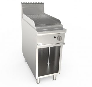 Grilovací deska plynová, 6,9kW, rýhovaná pracovní plocha - nerezová, šířka 400mm, skříňový modul otevřený