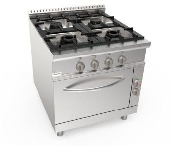 Sporák plynový, 4 hořáky - 4x7,4kW, šířka 800mm, modul s elektrickou troubou 5,48kW 400V pro GN 2/1