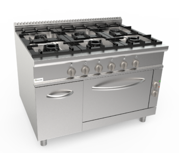 Sporák plynový, 6 hořáků - 6x7,4kW, šířka 1200mm, modul s plynovou troubou 12kW pro GN MAXI