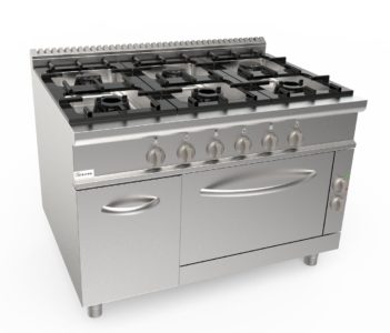 Sporák plynový, 6 hořáků -1x3,5kW + 2x5,5kW + 3x7,4kW, šířka 1350mm, modul s elektrickou troubou 5,48kW 400V pro GN 2/1