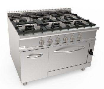 Sporák plynový, 6 hořáků - 1x3,5kW + 2x5,5kW + 3x7,4kW, šířka 1350mm, modul s plynovou troubou 12kW pro GN MAXI