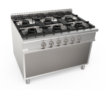 Sporák plynový, 6 hořáků - 3x3,5kW + 1x5,5kW + 2x7,4kW, šířka 1200mm, skříňový modul otevřený
