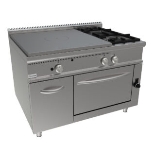 Sporák talový, 4 ohřevné zóny - 4x12kW + 2 hořáky - 1x5,5kW + 1x7,4kW, šířka 1200mm, modul s plynovou troubou 8,6kW pro GN 2/1