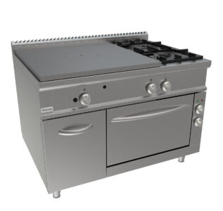 Sporák talový, 4 ohřevné zóny - 4x12kW + 2 hořáky - 5,5kW + 7,4kW, šířka 1200mm, modul s elektrickou troubou 5,46 kW 400V pro GN 2/1