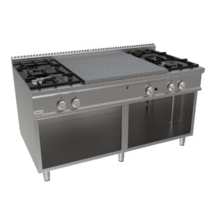 Sporák talový, 4 ohřevné zóny - 4x12kW + 4 hořáky - 2x5,5kW + 2x7,4kW, šířka 1600mm, skříňový modul otevřený