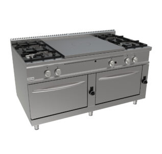 Sporák talový, 4 ohřevné zóny - 4x12kW+ 4 hořáky - 2x5,5kW + 2x7,4kW, šířka 1600mm, skříňový modul otevřený s 2x plynovou troubou 8,6 kW pro GN 2/1