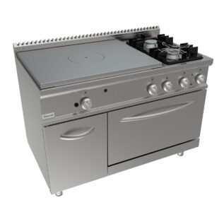 Sporák talový, 4 ohřevné zóny - 9,0kW + 2 hořáky - 1x4,5kW + 1x 7,5kw, šířka 1200 mm, modul s elektrickou troubou 7,9 kW pro GN 2/1