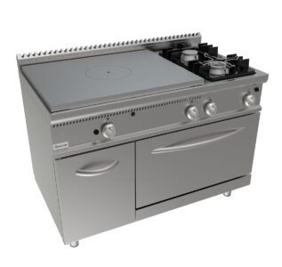 Sporák talový, 4 ohřevné zóny - 9,0kW + 2 hořáky - 1x4,5kW + 1x 7,5kw, šířka 1200 mm, modul s plynovou troubou 7,9 kW pro GN 2/1