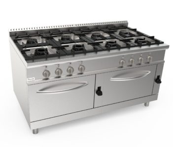 Sporák plynový, 8 hořáků - 8x7,4kW, šířka 1600mm, modul s 2x plynovou troubou 8,6kW pro GN 2/1