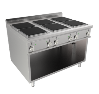 Sporák elektrický, 6 plotýnek 6x4,0kW 400V, šířka 1200mm, skříňový modul otevřený